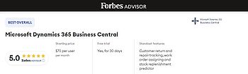 Business Central ist laut Forbes Advisor das beste ERP-System 2023